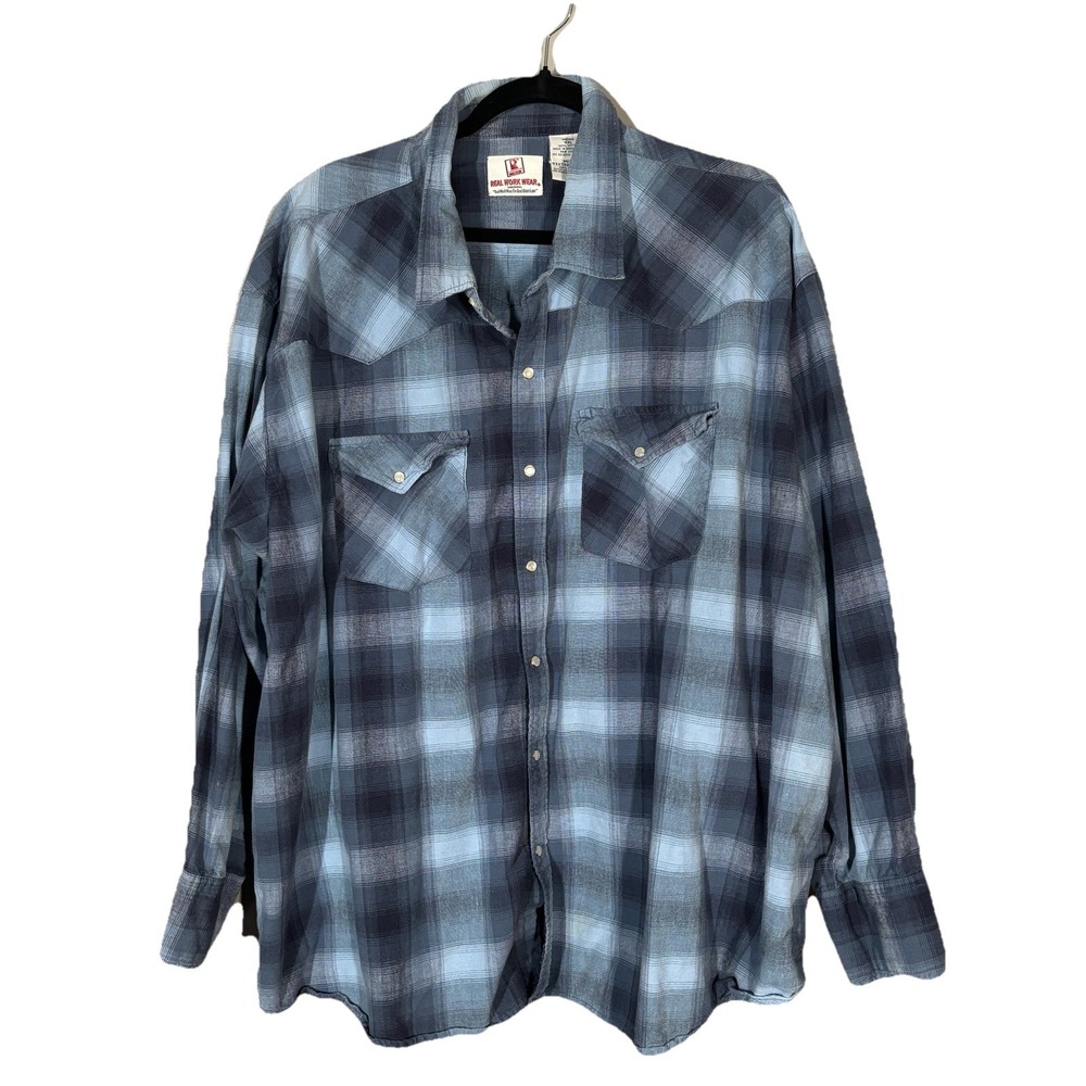 Real Work Wear Shirt Mens 4XL Blue Plaid Western Long Sleeve Button Up Casual